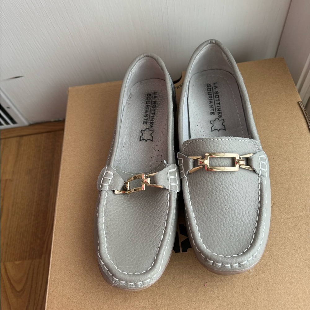 Light Grey Loafers with Gold Buckle size 6